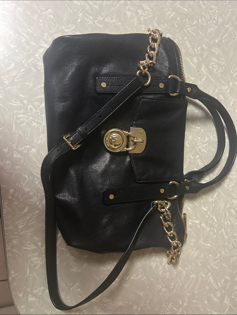 Michael Kors Black Leather Shoulder Bag with Gold MK Lock